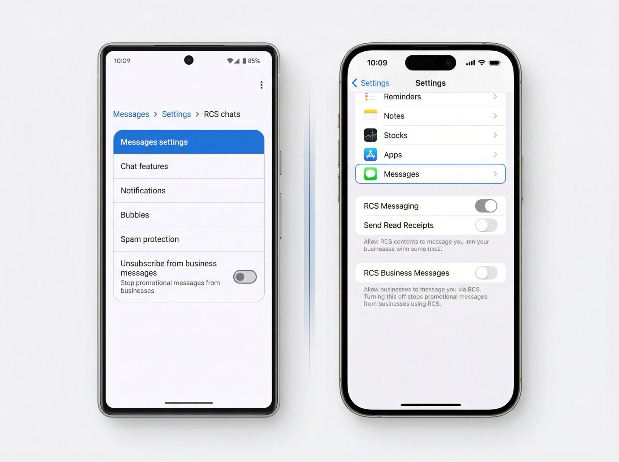 Side-by-side smartphone UI showing how to block RCS business spam on Android Google Messages and iPhone Settings