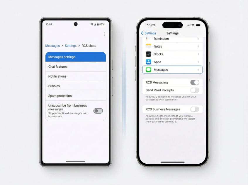 Side-by-side smartphone UI showing how to block RCS business spam on Android Google Messages and iPhone Settings