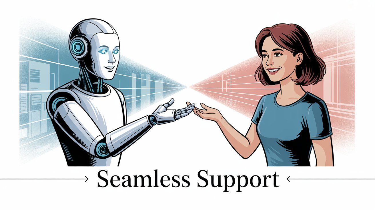 Professional illustration showing AI robot and human customer service representative reaching toward each other in collaborative handshake, representing seamless transition from AI limitations to human strengths