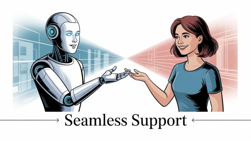 Professional illustration showing AI robot and human customer service representative reaching toward each other in collaborative handshake, representing seamless transition from AI limitations to human strengths