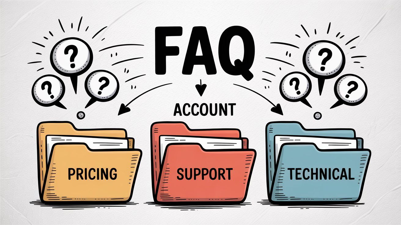 FAQ organization showing questions grouped into clear category folders for Pricing, Support, and Technical topics