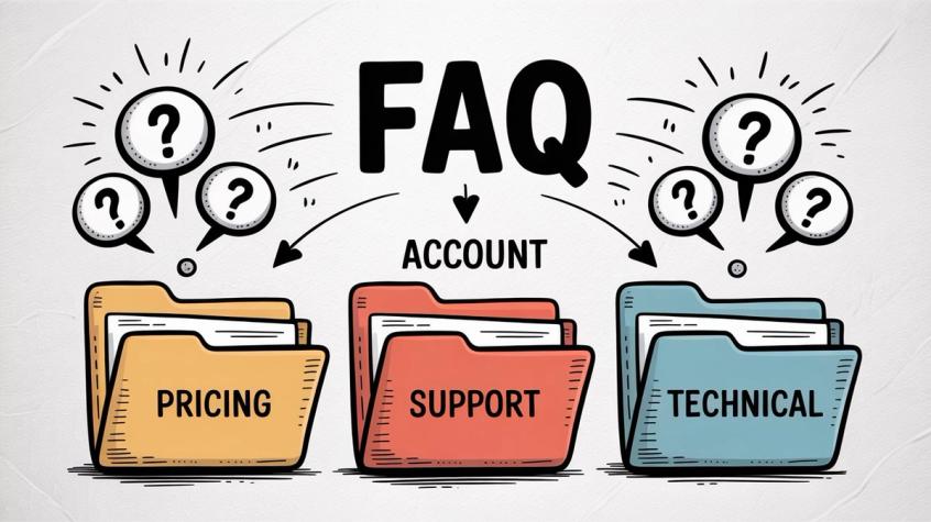 FAQ organization showing questions grouped into clear category folders for Pricing, Support, and Technical topics