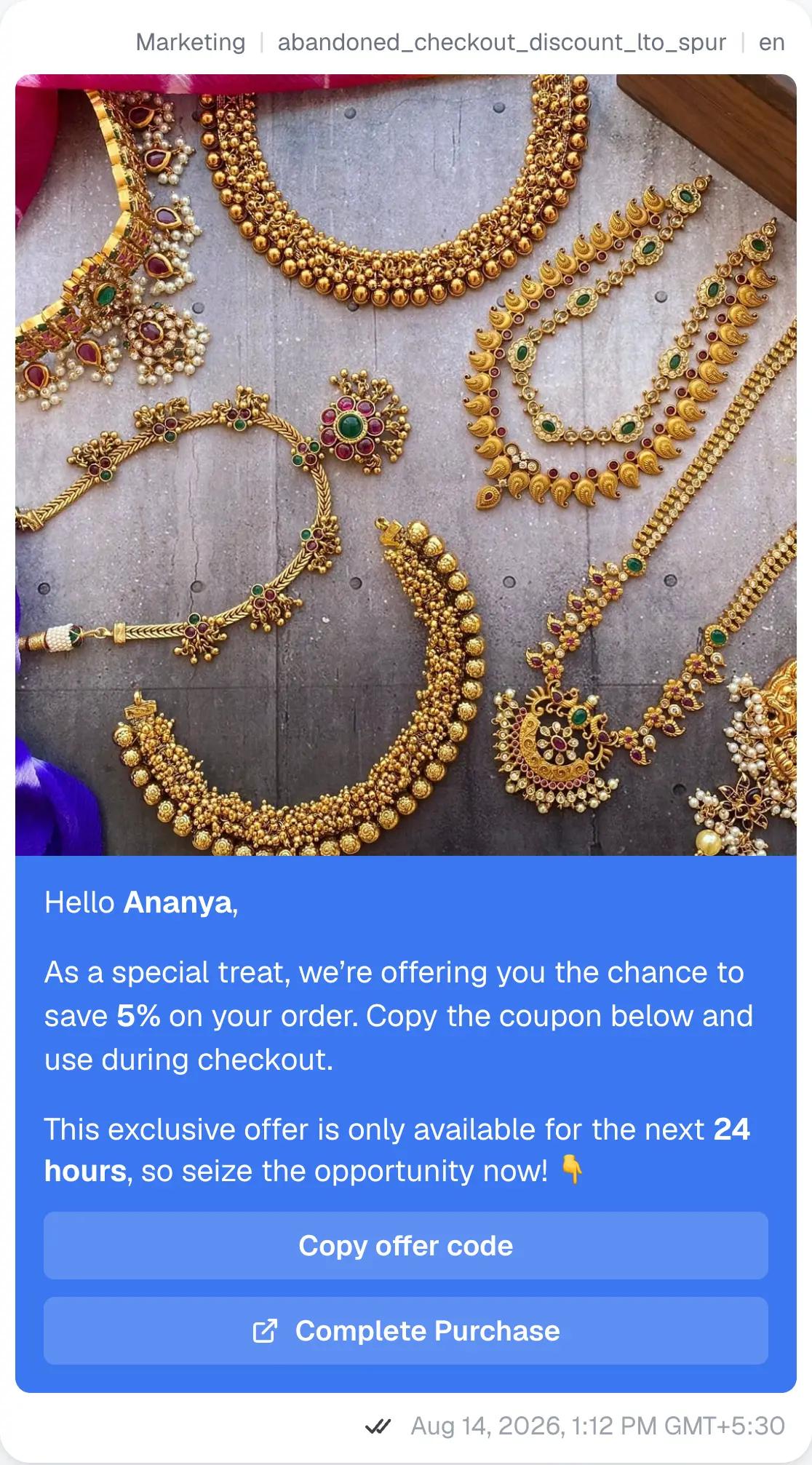 The third message on WhatsApp: a photo of the jewellery, an offer to save 5% on the order, a line saying the offer is only available for the next 24 hours, and two buttons, Copy offer code and Complete Purchase.