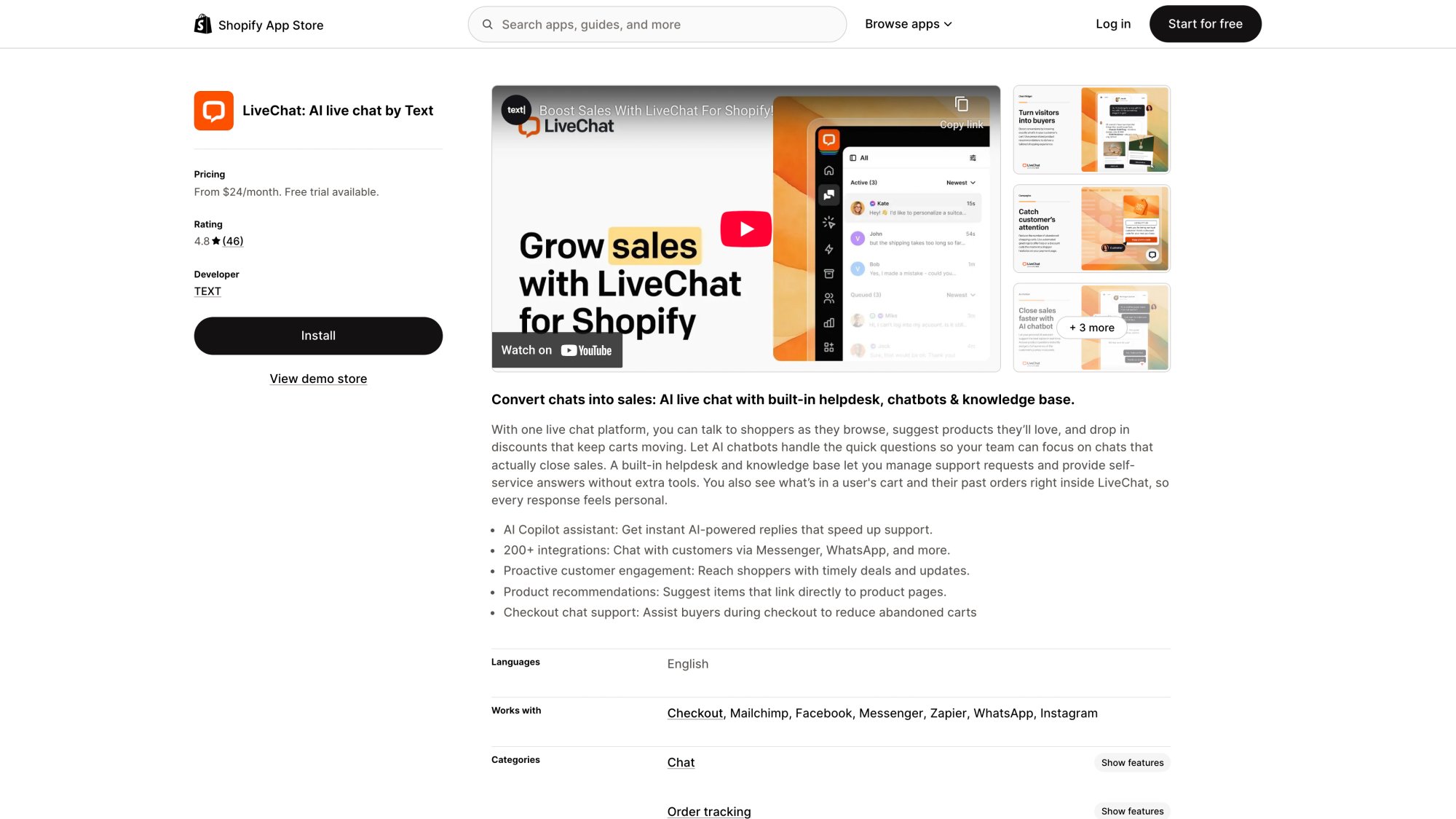 LiveChat app on Shopify App Store emphasizing proactive engagement and sales-focused features