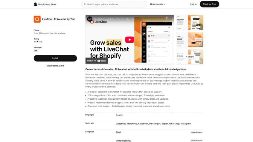 LiveChat app on Shopify App Store emphasizing proactive engagement and sales-focused features
