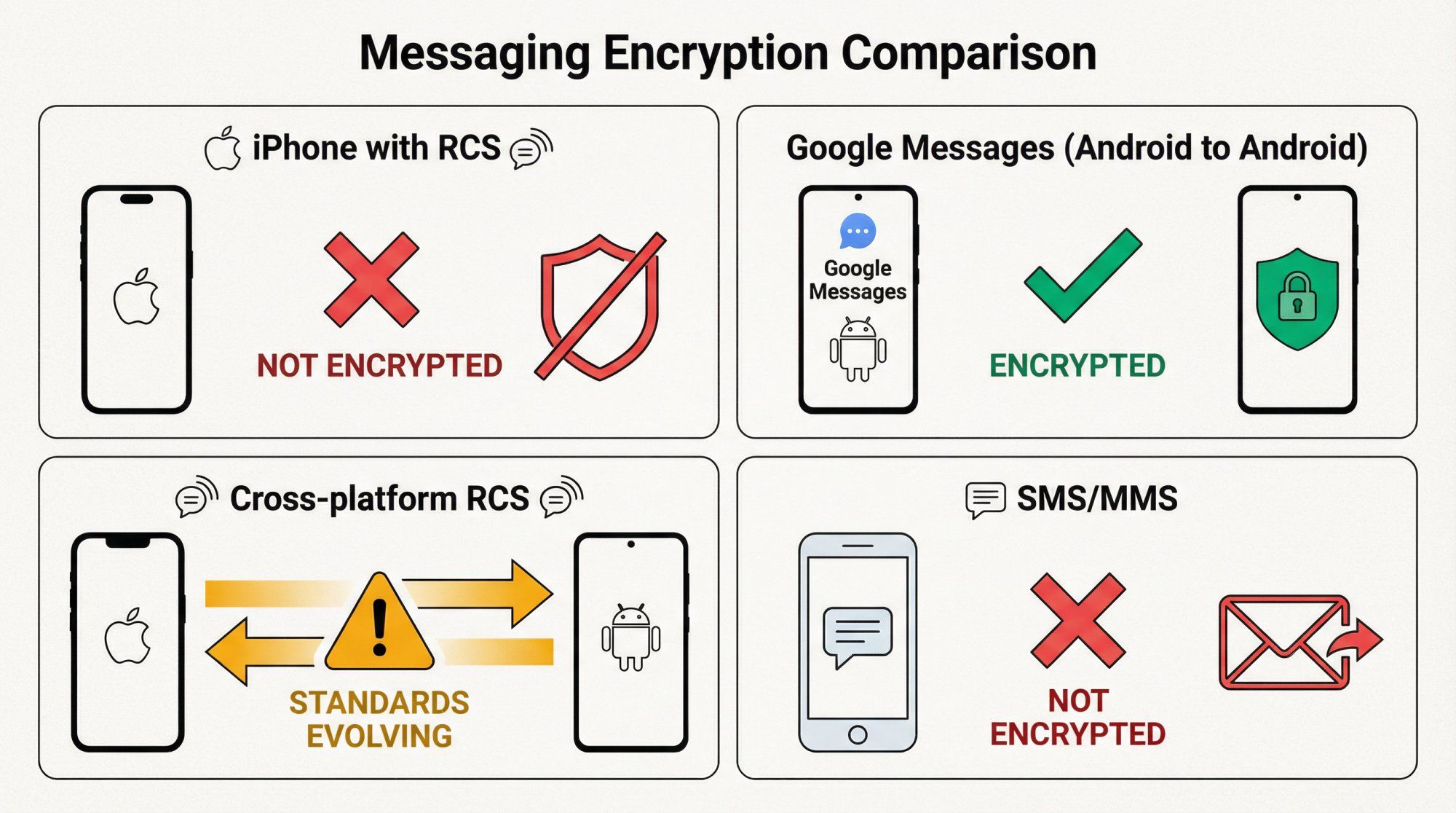 Visual comparison showing encryption status across RCS and SMS platforms - green checkmarks for encrypted, red X marks for unencrypted messaging protocols