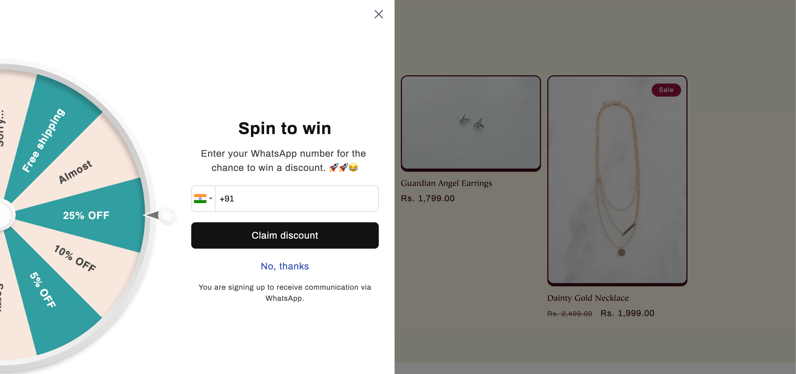 Screenshot of the "Spin the Wheel" pop-up