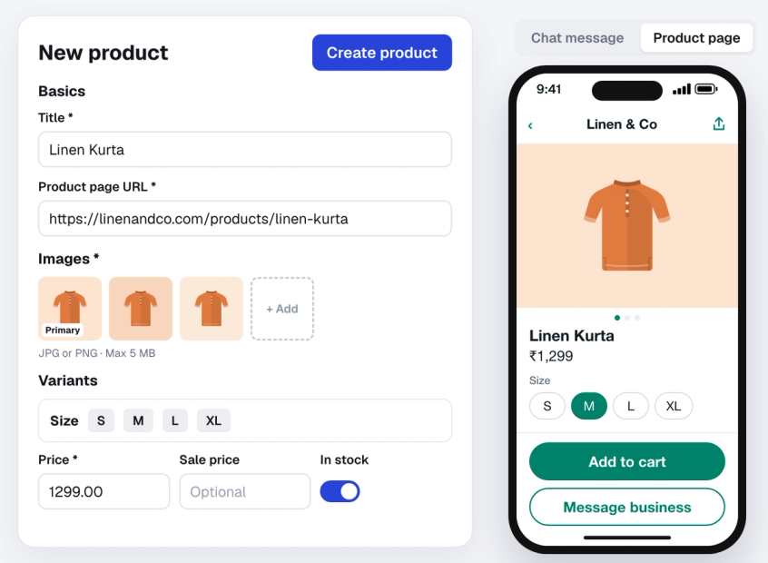 Spur's product editor with title, product page URL, images and size options, next to a phone preview of the WhatsApp product page with size chips and an Add to cart button