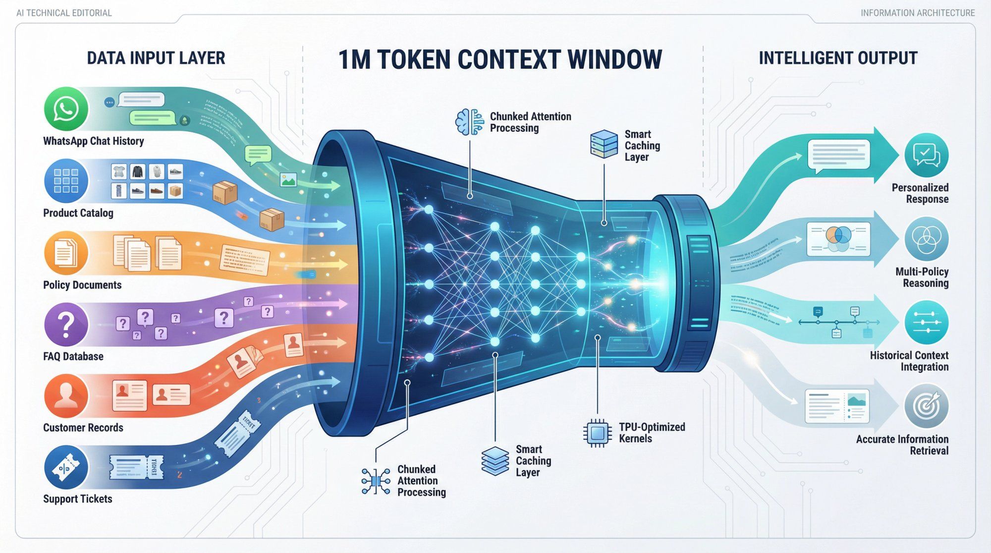 Visual diagram showing how diverse data sources funnel through Gemini's 1 million token context window