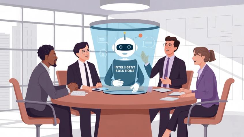 Business team meeting to discuss and evaluate AI chatbot solutions for their company