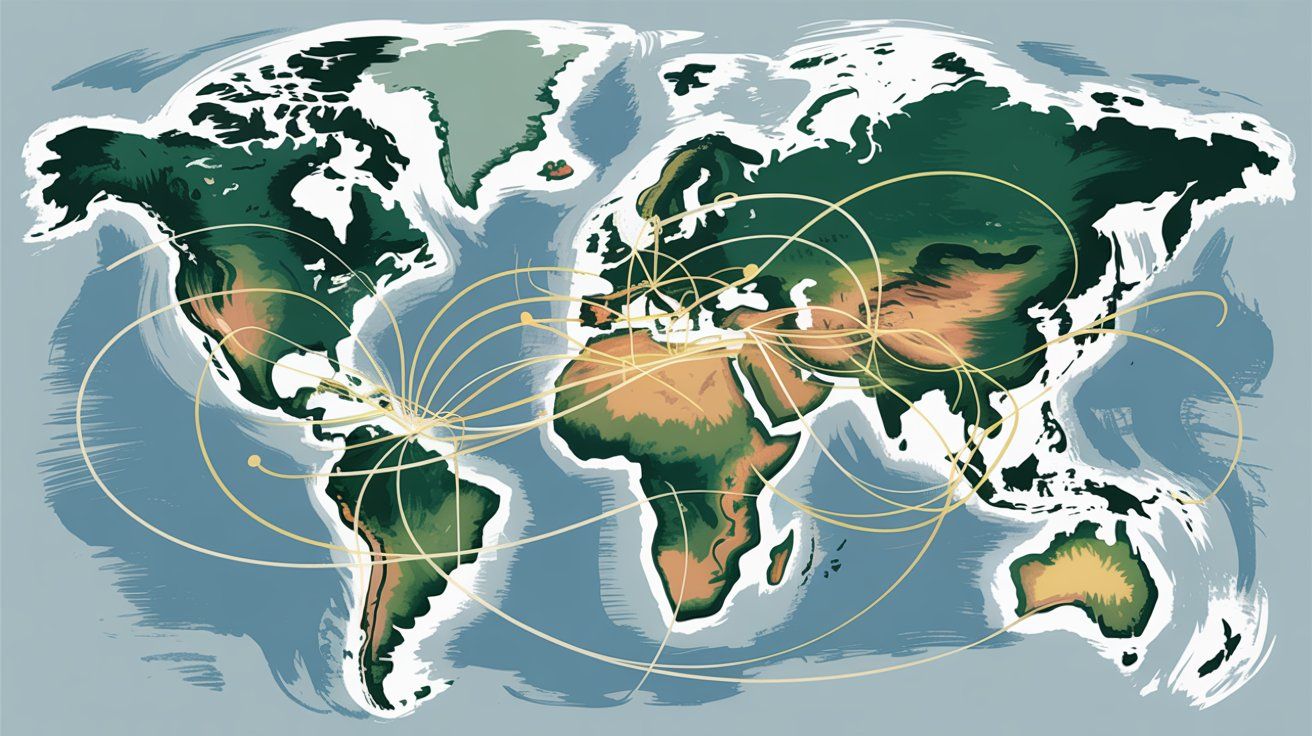 World map showing global language connectivity with golden connection lines illustrating ChatGPT's multilingual reach across continents