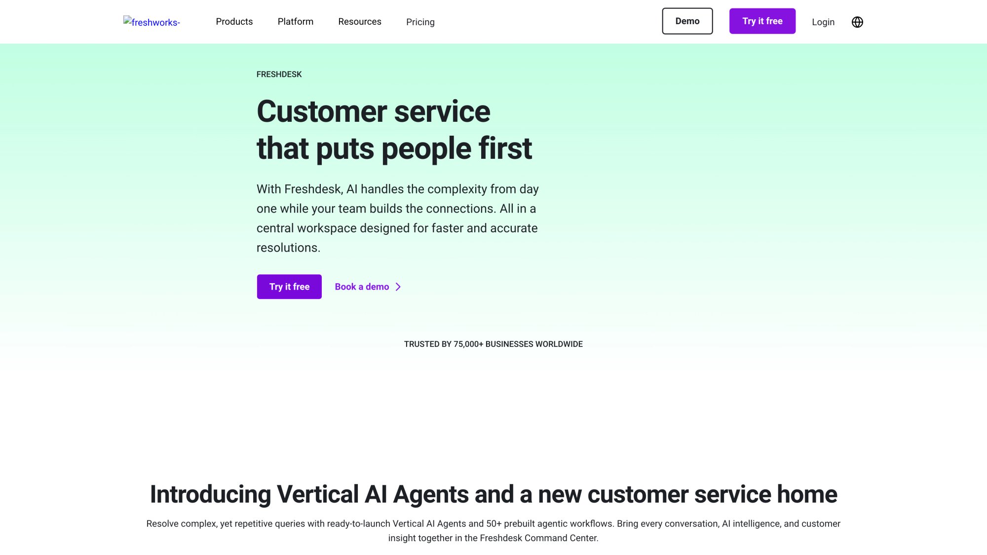 Freshdesk homepage displaying affordable omnichannel support platform with Freddy AI, multichannel ticketing, and team collaboration