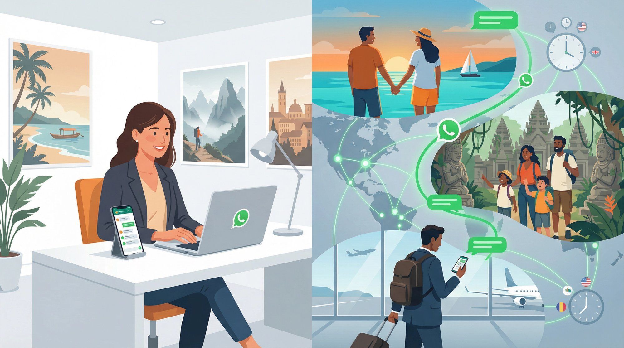 Travel agency professional using WhatsApp automation to respond to travelers 24/7 across global destinations