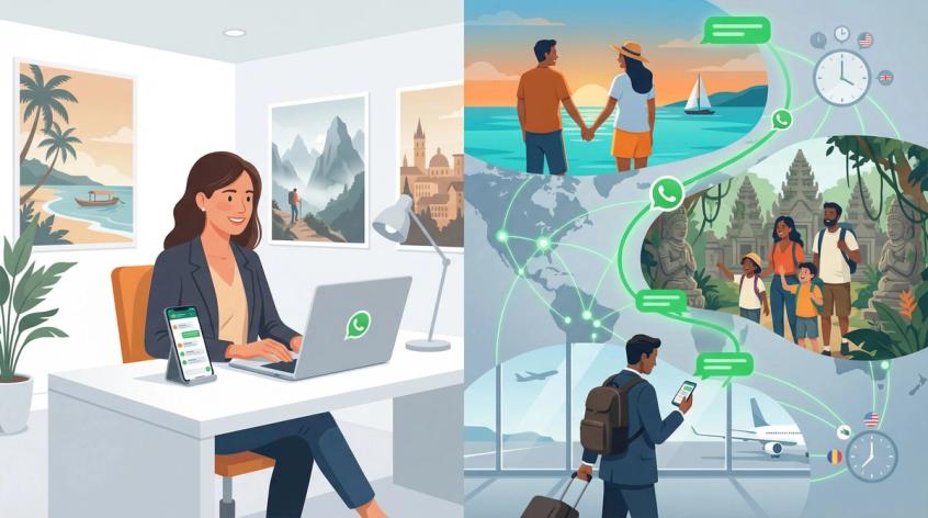 Travel agency professional using WhatsApp automation to respond to travelers 24/7 across global destinations
