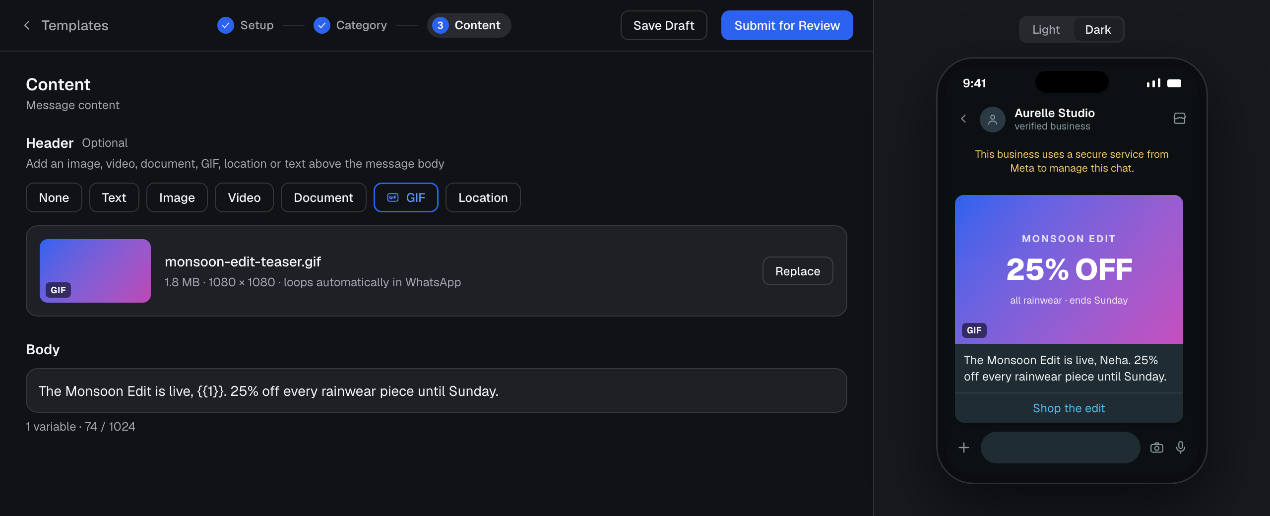 Spur template builder header type row with GIF selected and a WhatsApp phone preview alongside