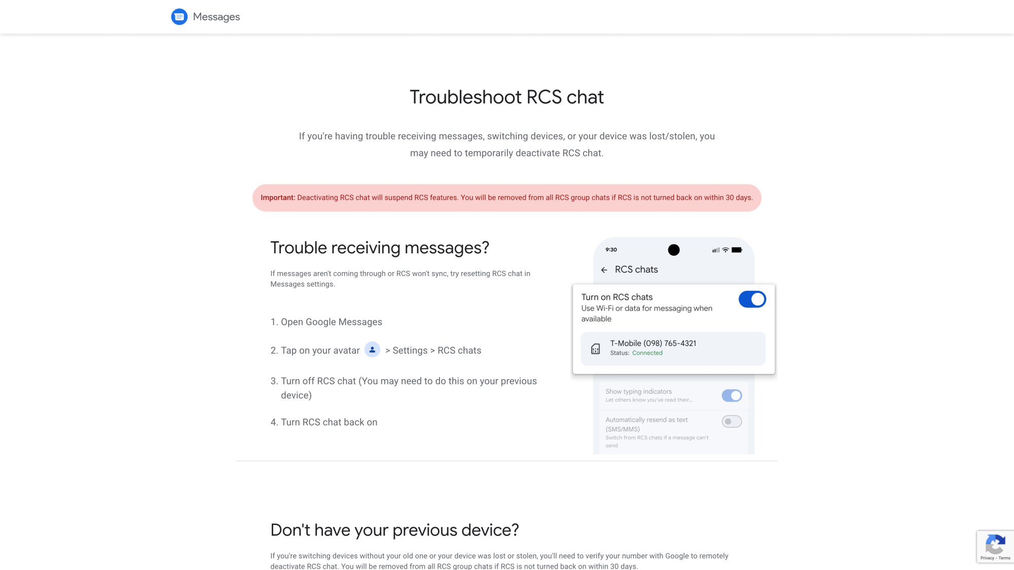 Google Messages RCS remote deactivation portal showing 4-step process to disable RCS without your old phone