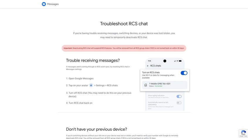 Google Messages RCS remote deactivation portal showing 4-step process to disable RCS without your old phone