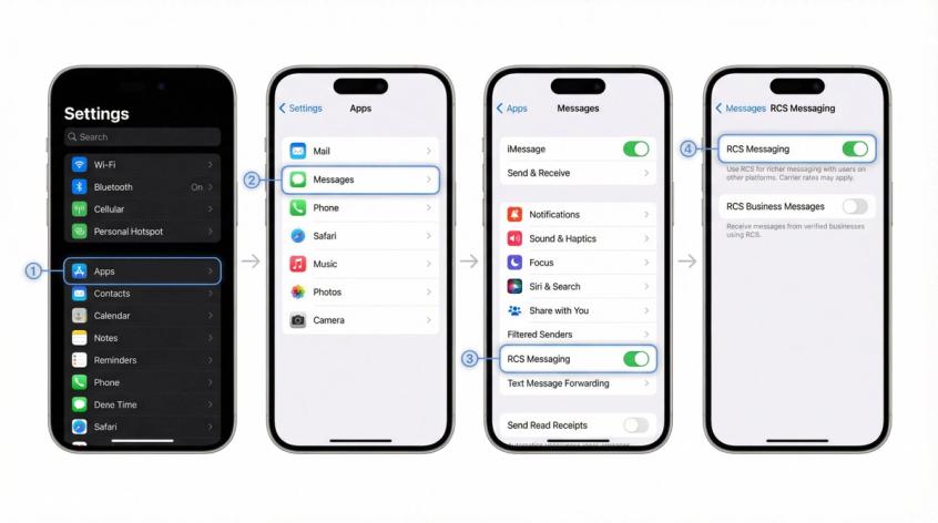 iPhone Settings screen showing the path to disable RCS: Settings > Apps > Messages > RCS Messaging toggle