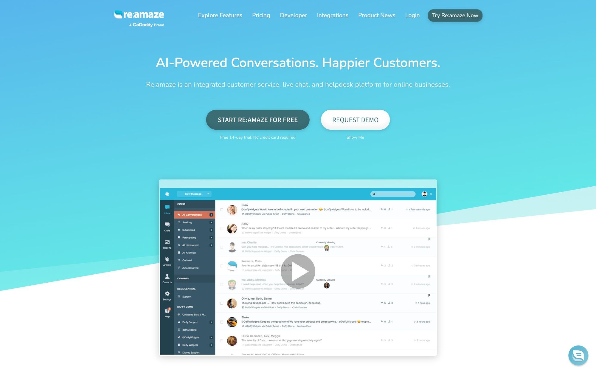 Re:amaze website showcasing its AI-powered customer service platform with conversations and features.