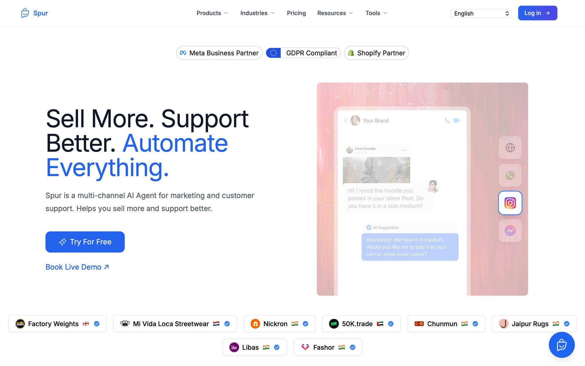 Spur website homepage displaying AI agent features for marketing and customer support, with an Instagram chat interface.