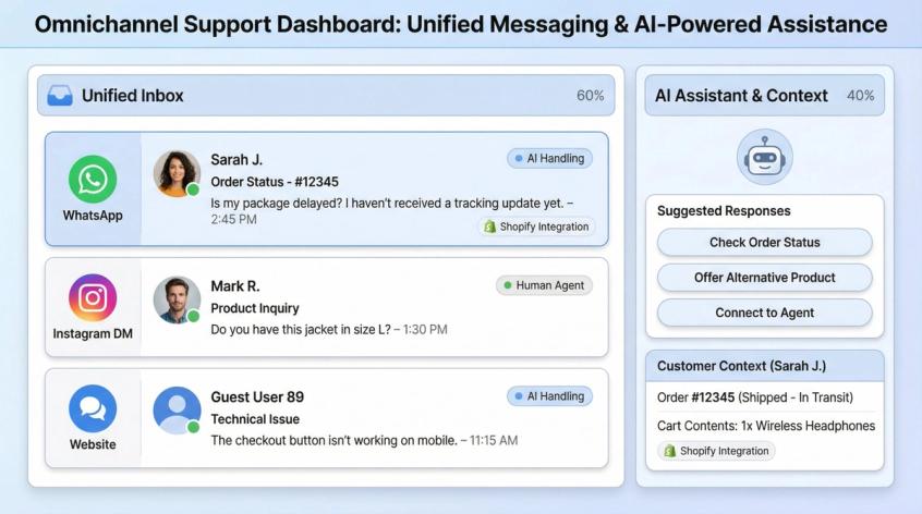 Spur's unified multi-channel inbox showing WhatsApp, Instagram DM, and website chat conversations with AI assistant