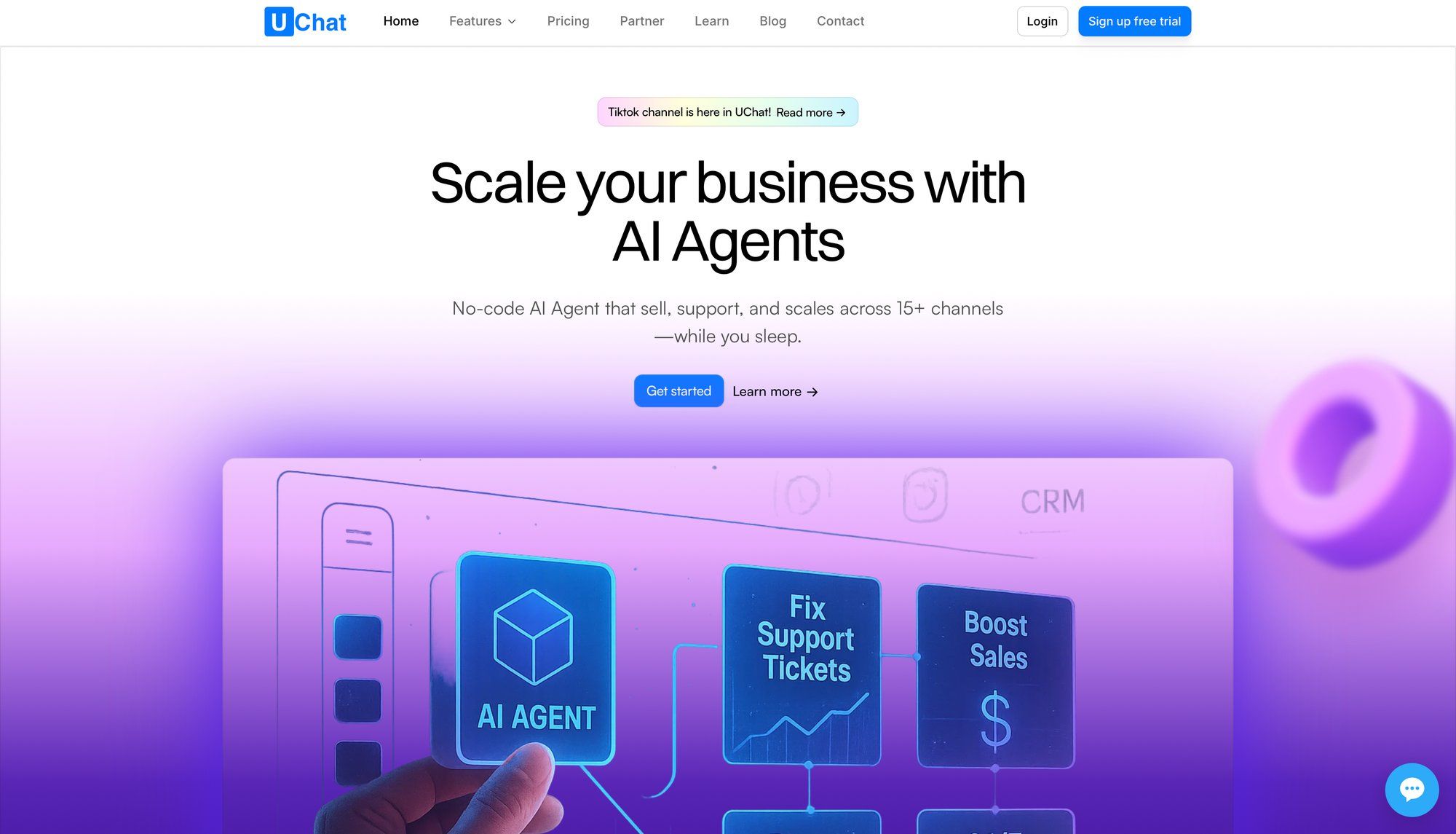UChat homepage promoting AI Agents for business growth, showing features like support tickets and sales boosting.