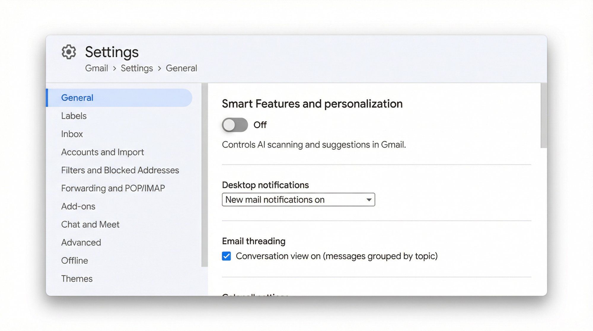 Gmail Settings interface showing Smart Features and personalization toggle to disable Gemini AI integration