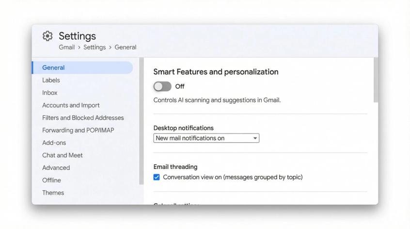Gmail Settings interface showing Smart Features and personalization toggle to disable Gemini AI integration