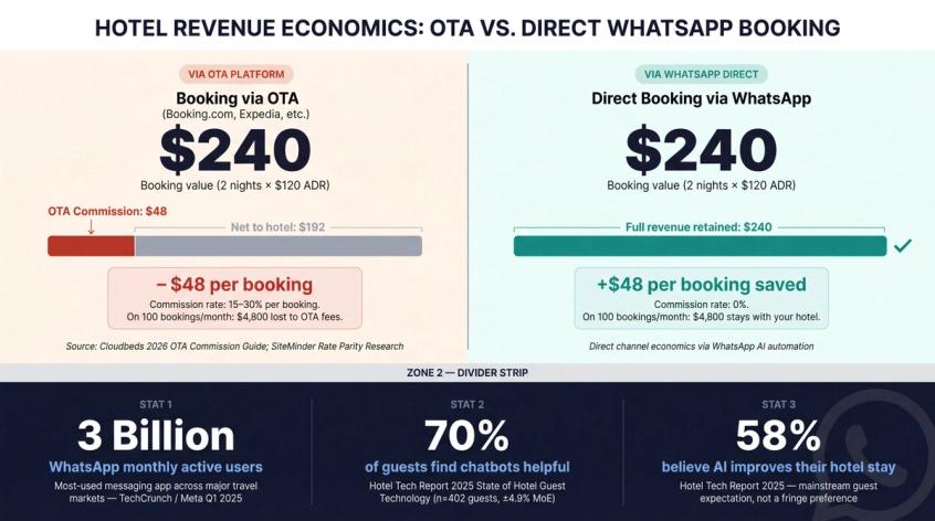Split infographic comparing OTA commission cost (15-30% lost per booking) vs. direct WhatsApp booking with full revenue retained