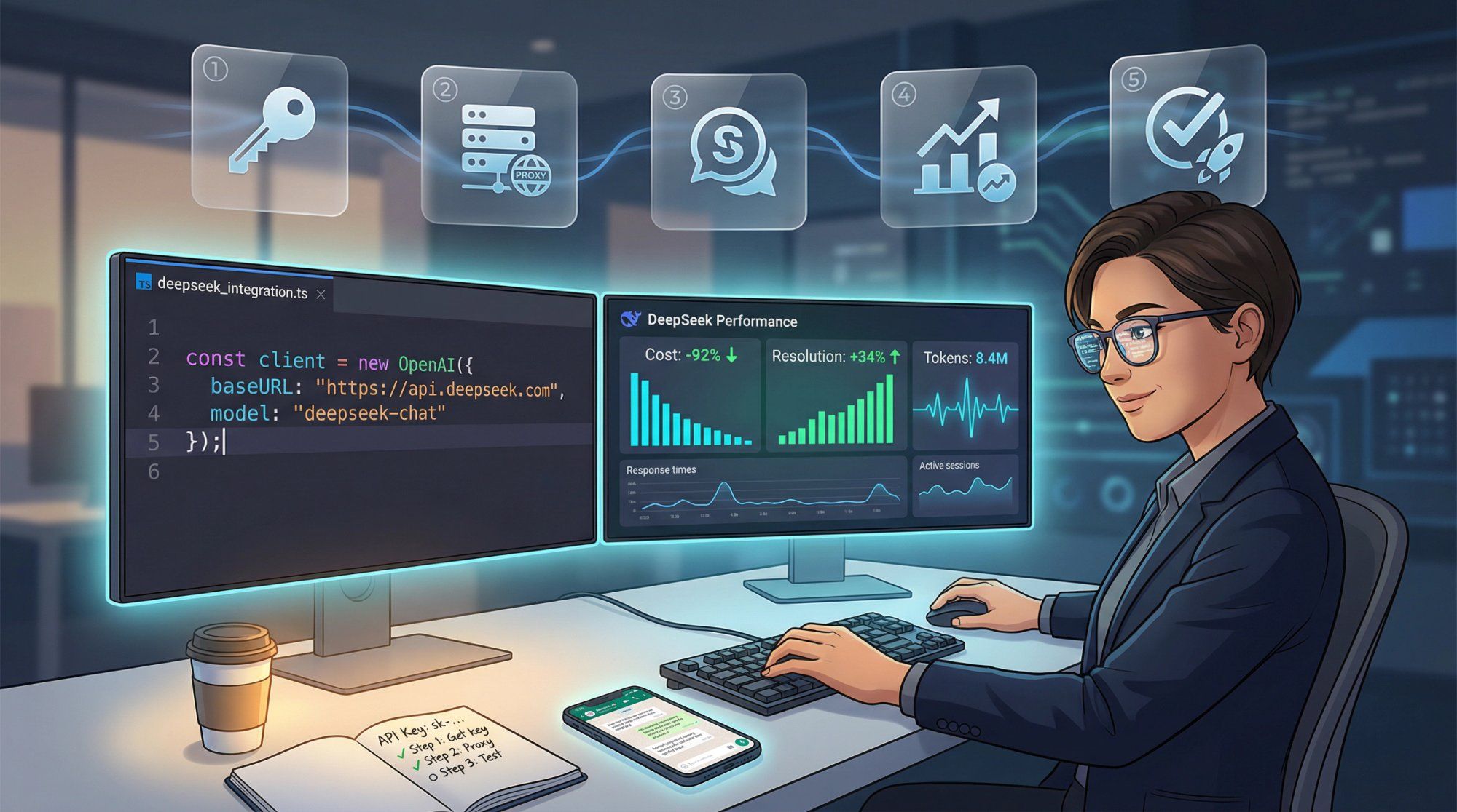 Developer setting up DeepSeek API integration with visual flow from API key to deployment