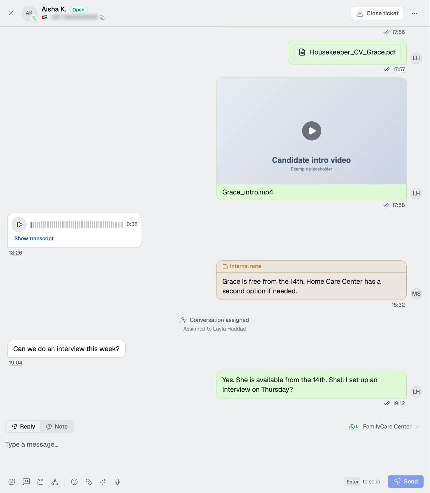 One family conversation in Spur Inbox: the centre sends a housekeeper CV as a PDF and a candidate intro video, the family replies with a voice note, a colleague leaves an orange internal note that only the team can see, the conversation is assigned to Layla, and the family asks for an interview this week.