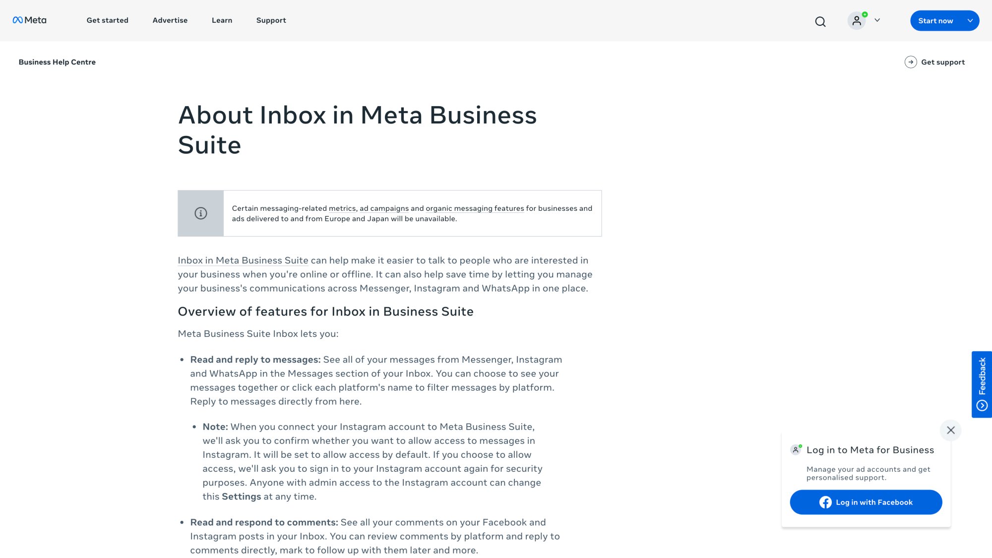 Meta Business Help documentation showing Business Inbox folder organization and message management options
