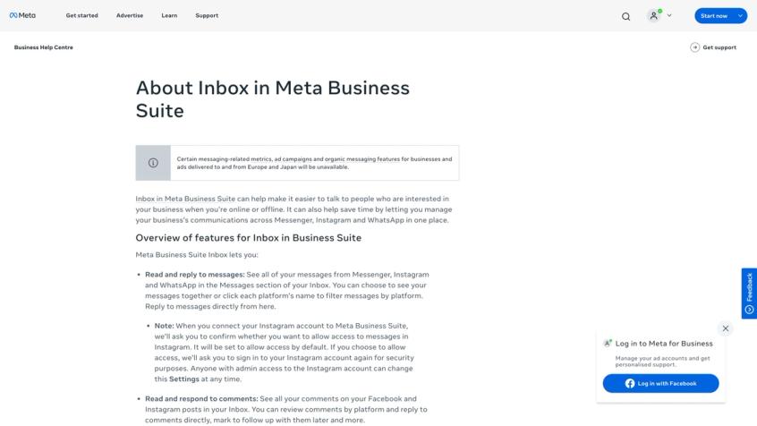 Meta Business Help documentation showing Business Inbox folder organization and message management options