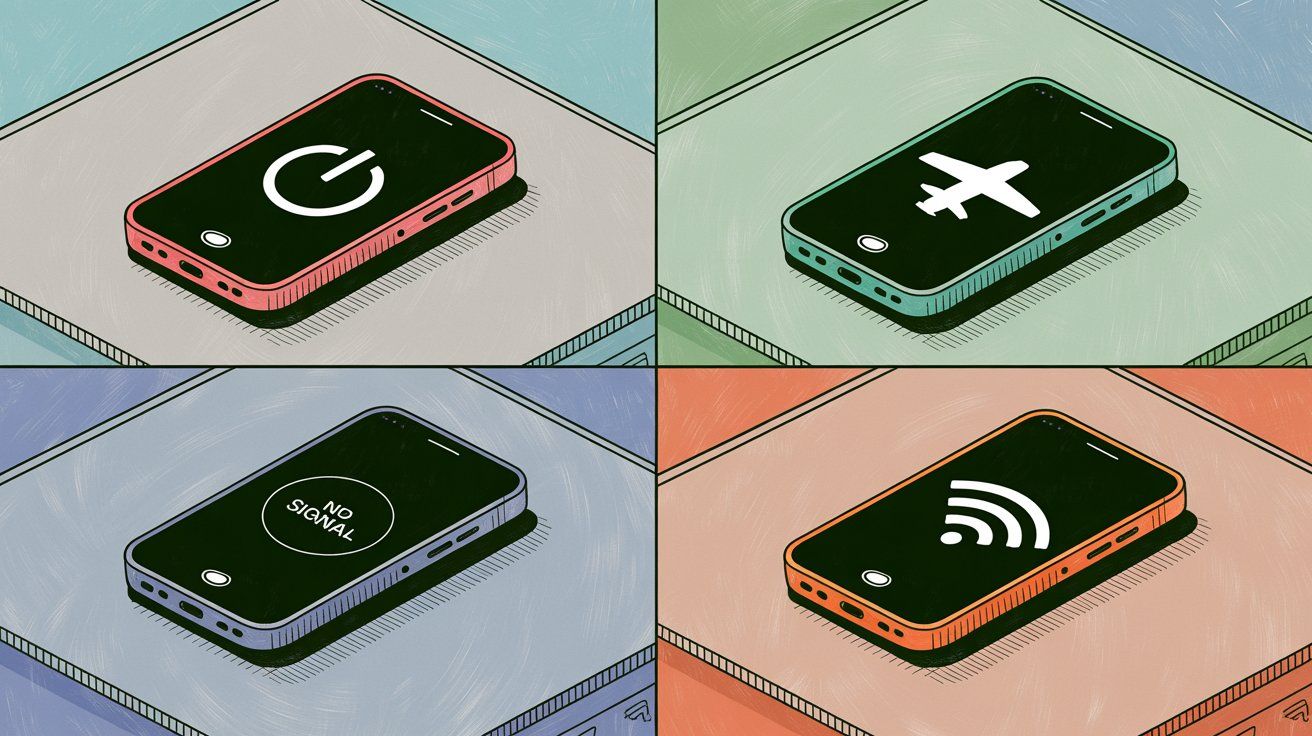Four smartphones showing different offline states - power off, airplane mode, no signal, and WiFi disconnected icons