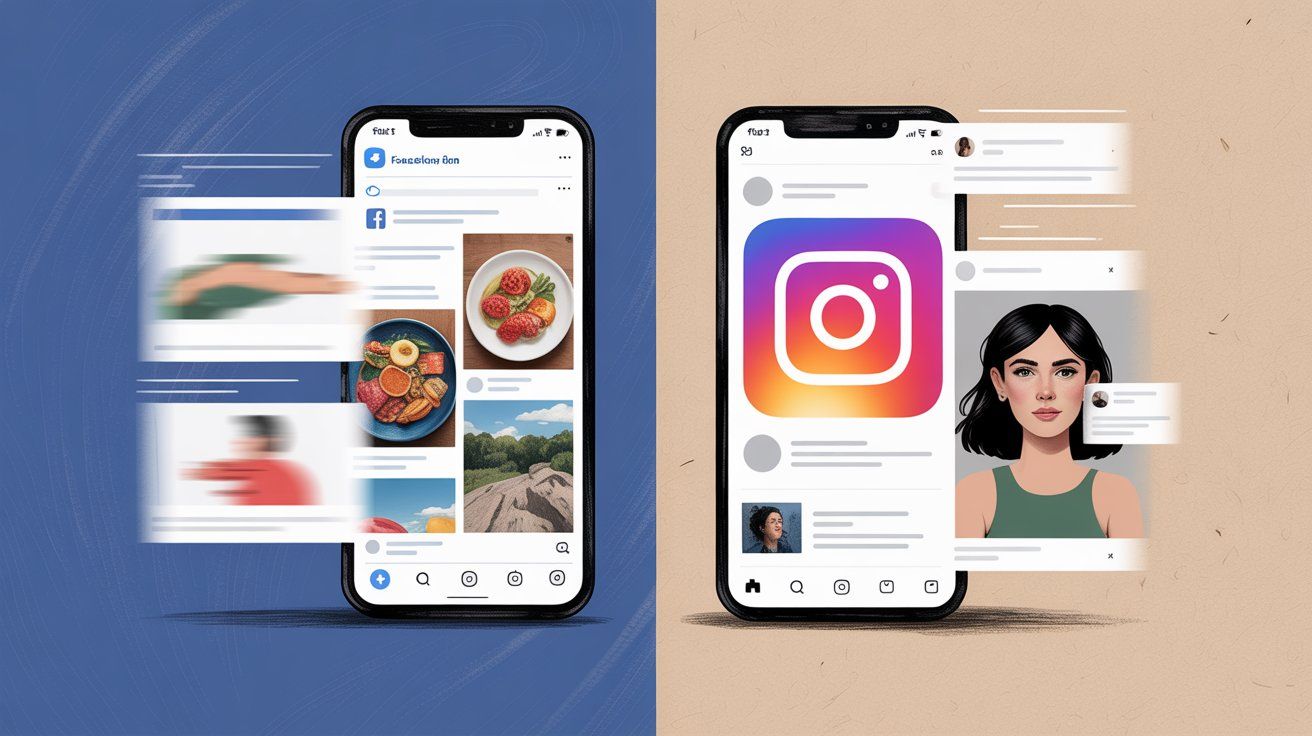 Split-screen comparison showing Facebook and Instagram interfaces on mobile devices, illustrating the key differences between the two platforms