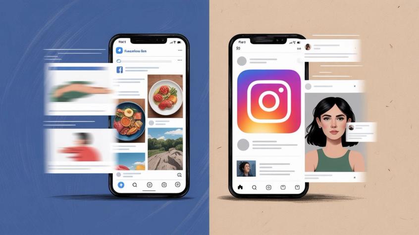 Split-screen comparison showing Facebook and Instagram interfaces on mobile devices, illustrating the key differences between the two platforms