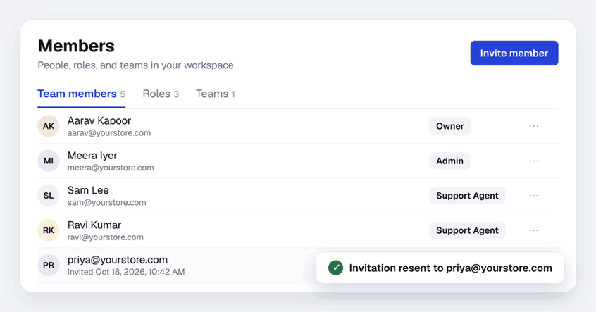 On the Members page, Resend invite is chosen from a pending invite’s menu and Spur confirms the invitation was resent