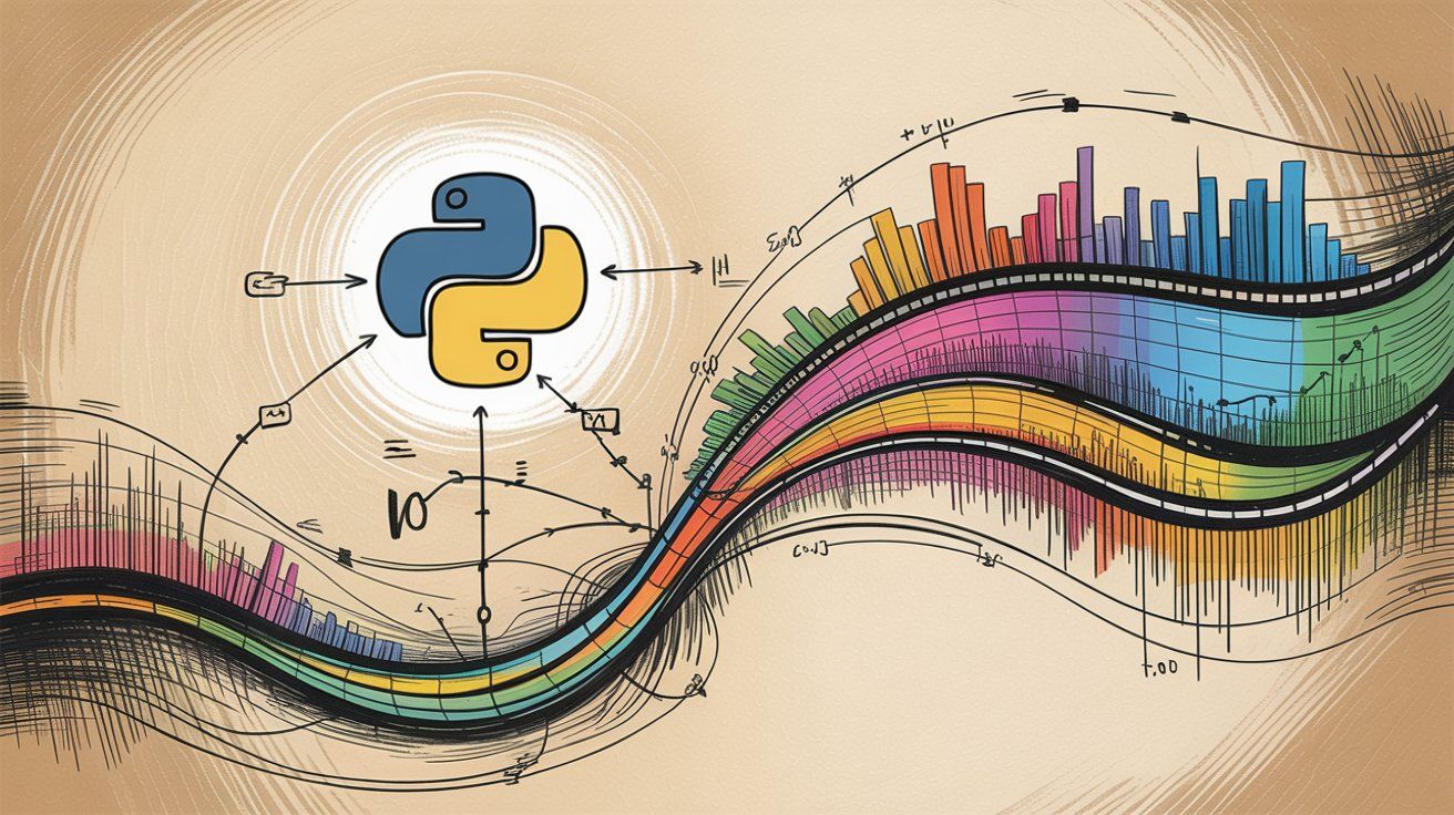 Python-powered data analysis workflow showing code execution and colorful visualization outputs in hand-drawn editorial style