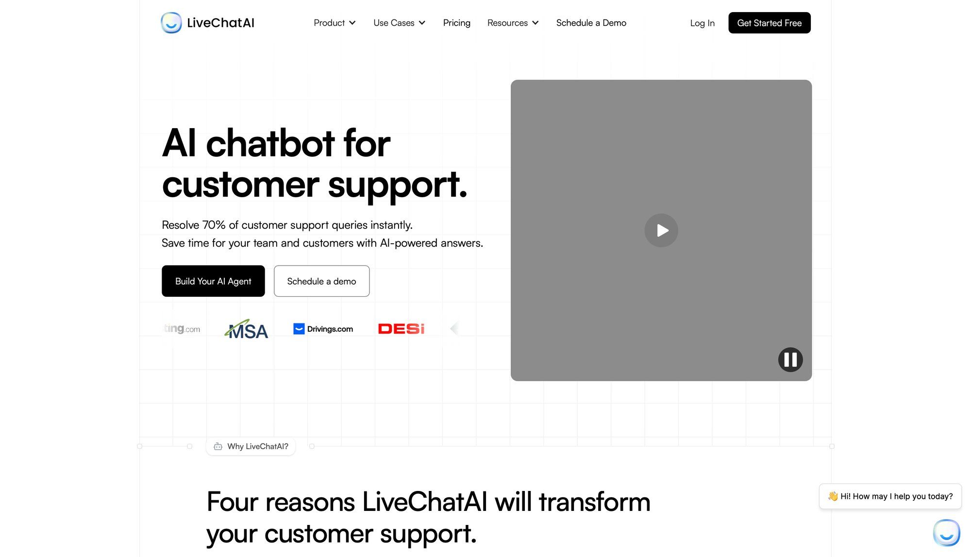 LiveChatAI webpage featuring an AI chatbot for customer support, with a video, call-to-action buttons, and customer logos.