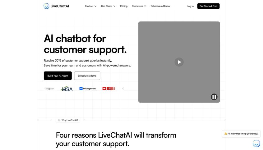 LiveChatAI webpage featuring an AI chatbot for customer support, with a video, call-to-action buttons, and customer logos.