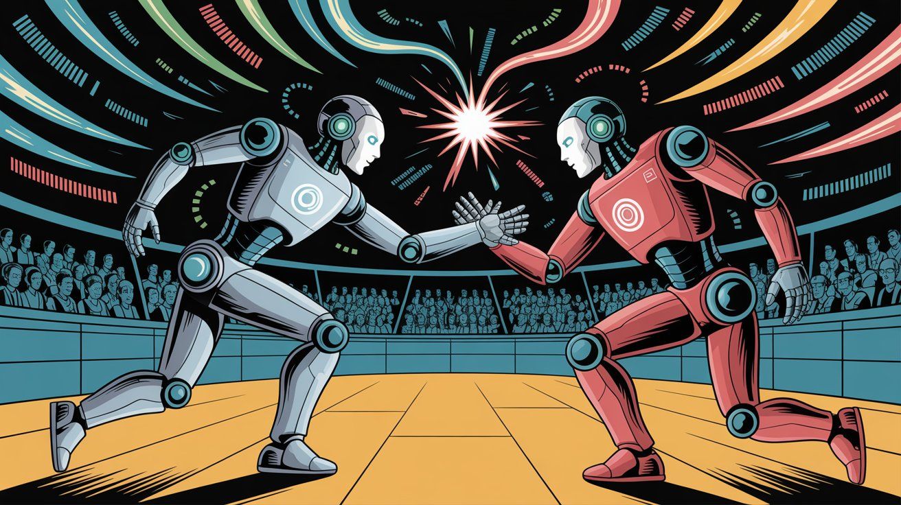 Illustration showing the competitive AI landscape with major tech companies in the race