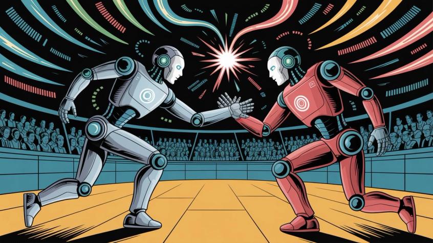Illustration showing the competitive AI landscape with major tech companies in the race