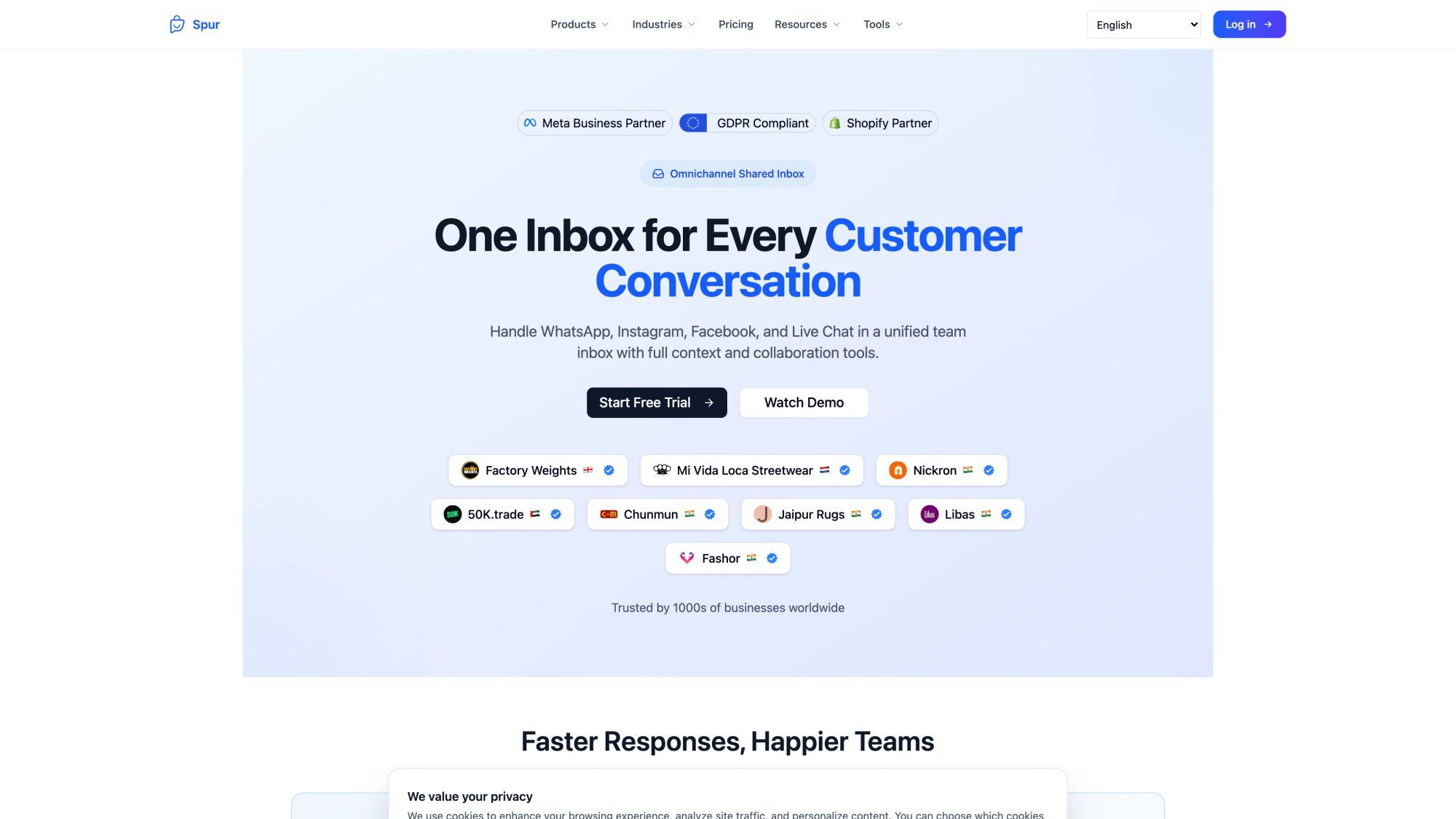 Spur shared inbox product page hero showing unified WhatsApp, Instagram, Facebook, and live chat workspace
