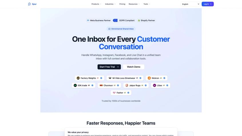 Spur shared inbox product page hero showing unified WhatsApp, Instagram, Facebook, and live chat workspace
