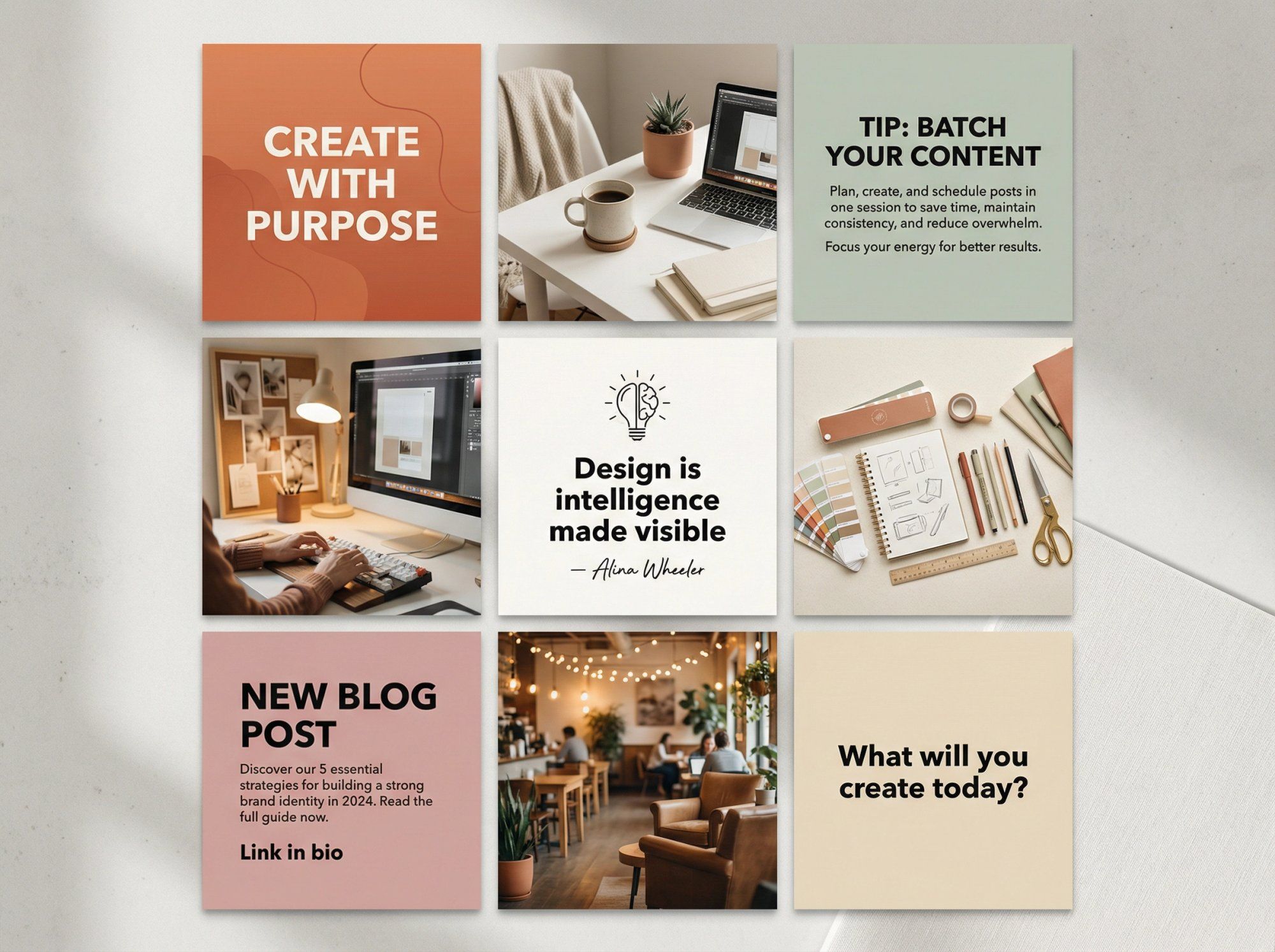 Instagram grid showcase displaying typography-driven posts mixed with photos in a cohesive editorial magazine layout