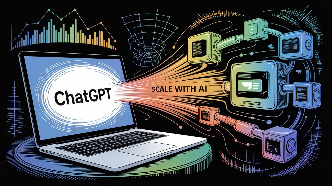 Individual productivity scaling to business automation through AI, showing ChatGPT evolving into enterprise customer service automation