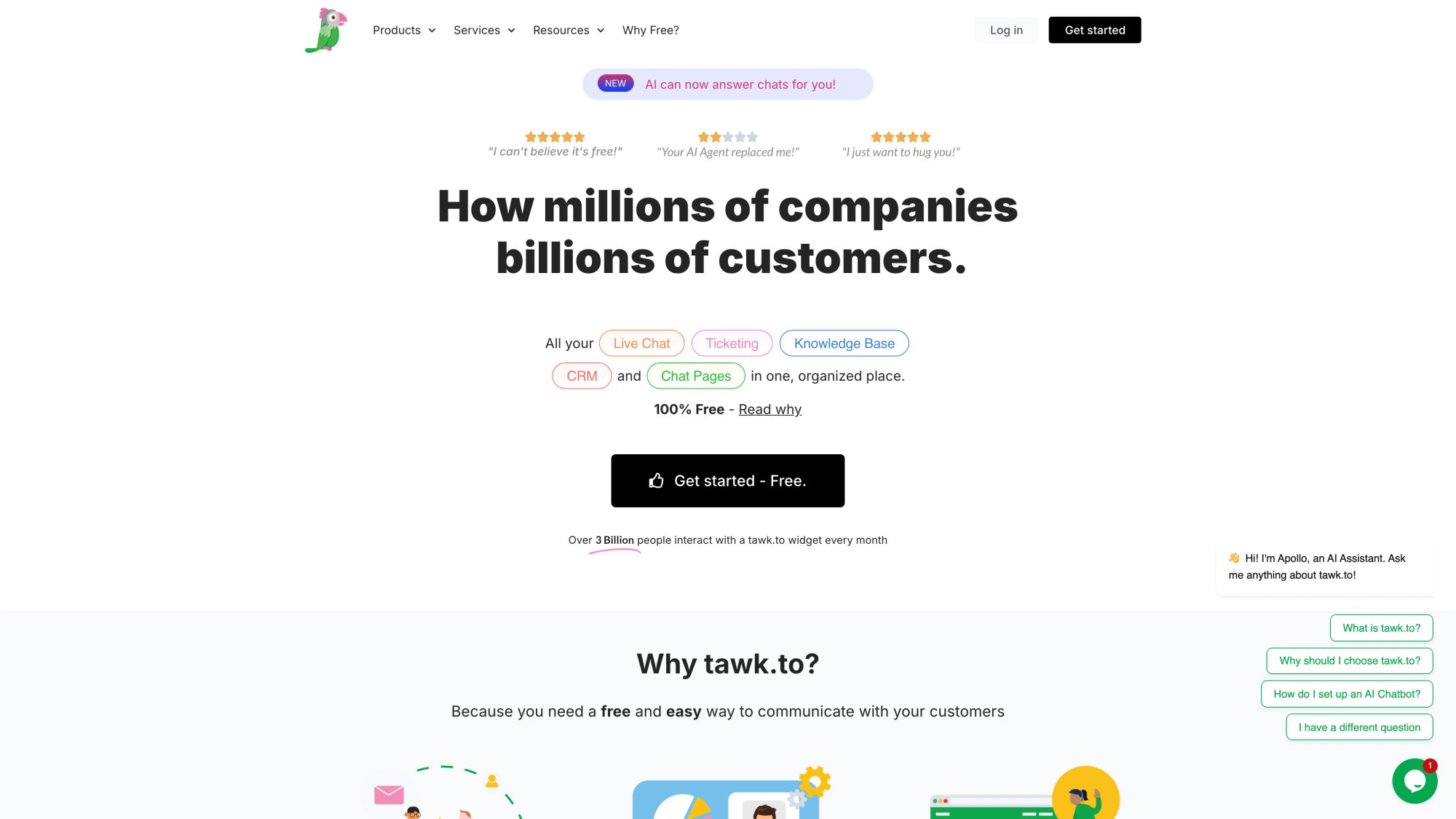 Tawk.to homepage highlighting 100% free live chat software with unlimited agents, chats, and message history at zero cost