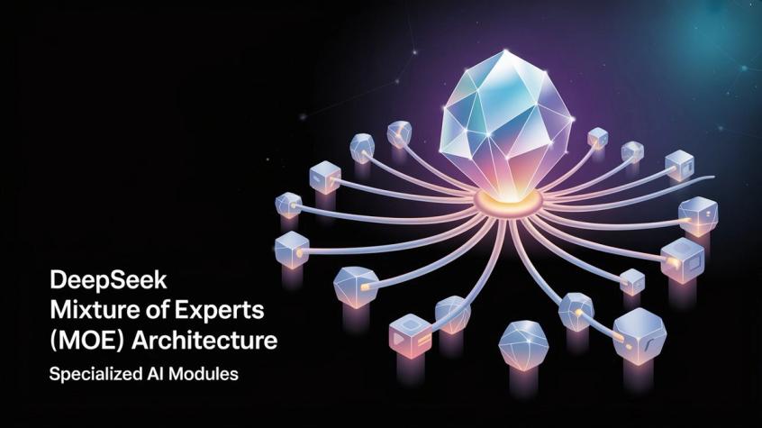DeepSeek Mixture of Experts MoE architecture showing specialized AI modules connected to central routing system