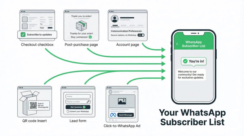 Diagram showing multiple WhatsApp opt-in touchpoints—checkout, QR code, ads, and webinar—funneling into one subscriber list