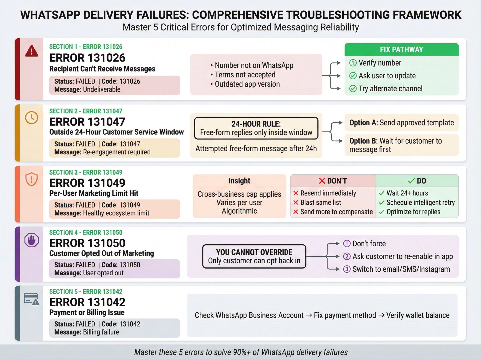 Visual troubleshooting framework showing 5 WhatsApp error codes (131026, 131047, 131049, 131050, 131042) with diagnostic pathways and fix strategies